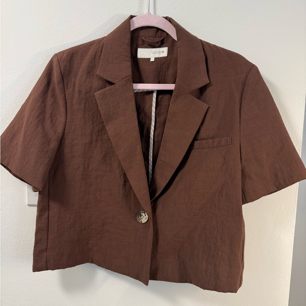 Zara Brown Short Sleeve Button-Down Crop Blazer